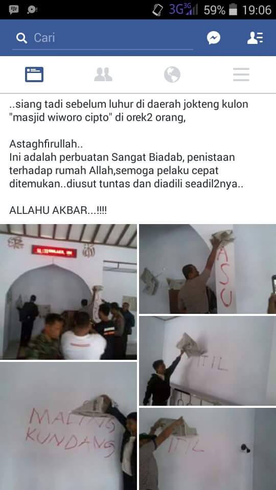 aksi vandalisme alias corat-coret di masjid Wiworo Tjipto jalan Bantul Mantrijeron jogjakarta hari rabu, 20 Januari 2016