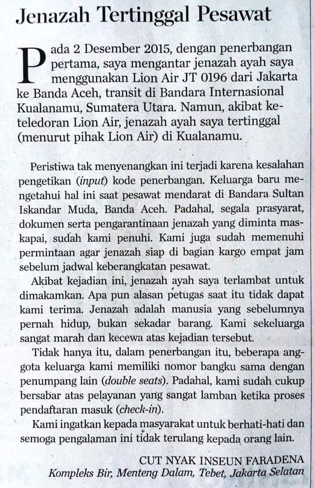 jenazah tertinggal di pesawat lion air tujuan Aceh pada tanggal 2 Desember 2015